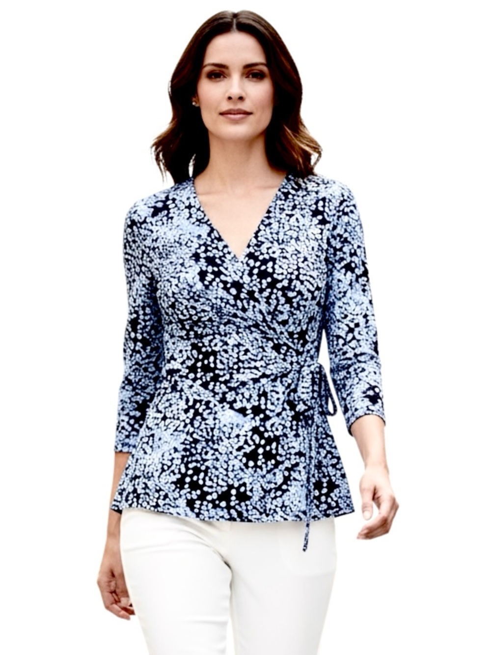 Anne Klein Animal-Print Wrap Top V-Neck, 3/4 length sleeves, Blue/Black,‎ Medium